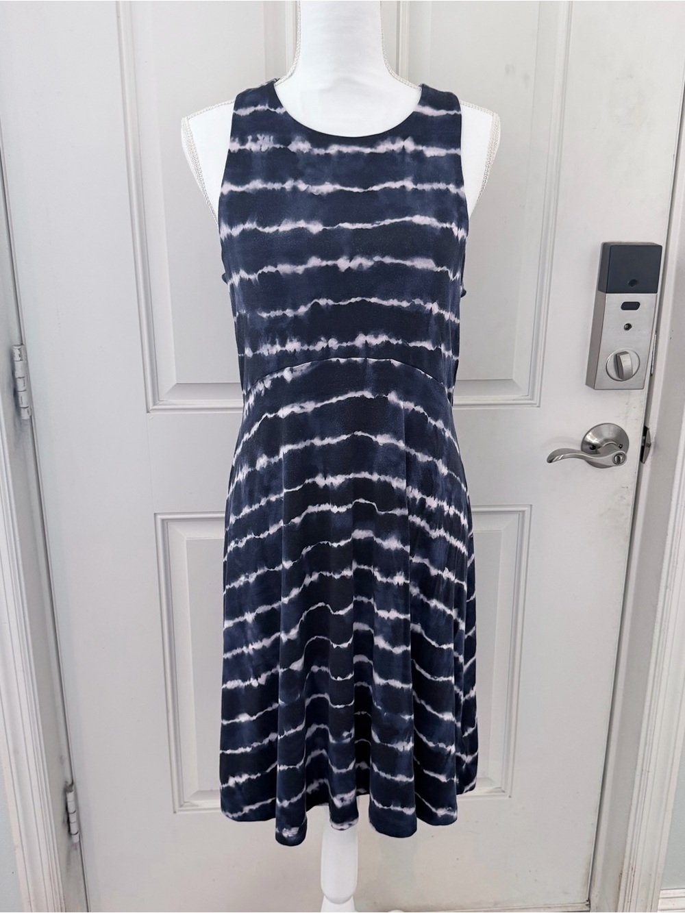 Athleta Santorini Printed Dress L | Navy Tie Dye Stripe